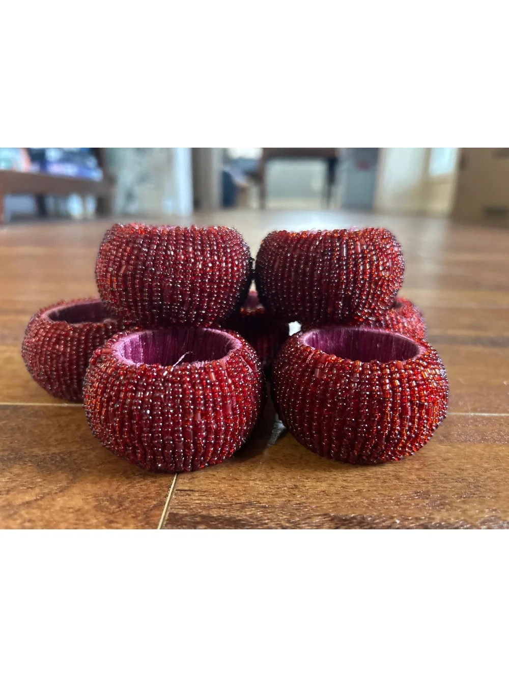 Set of 7 Red Beaded Napkin Rings